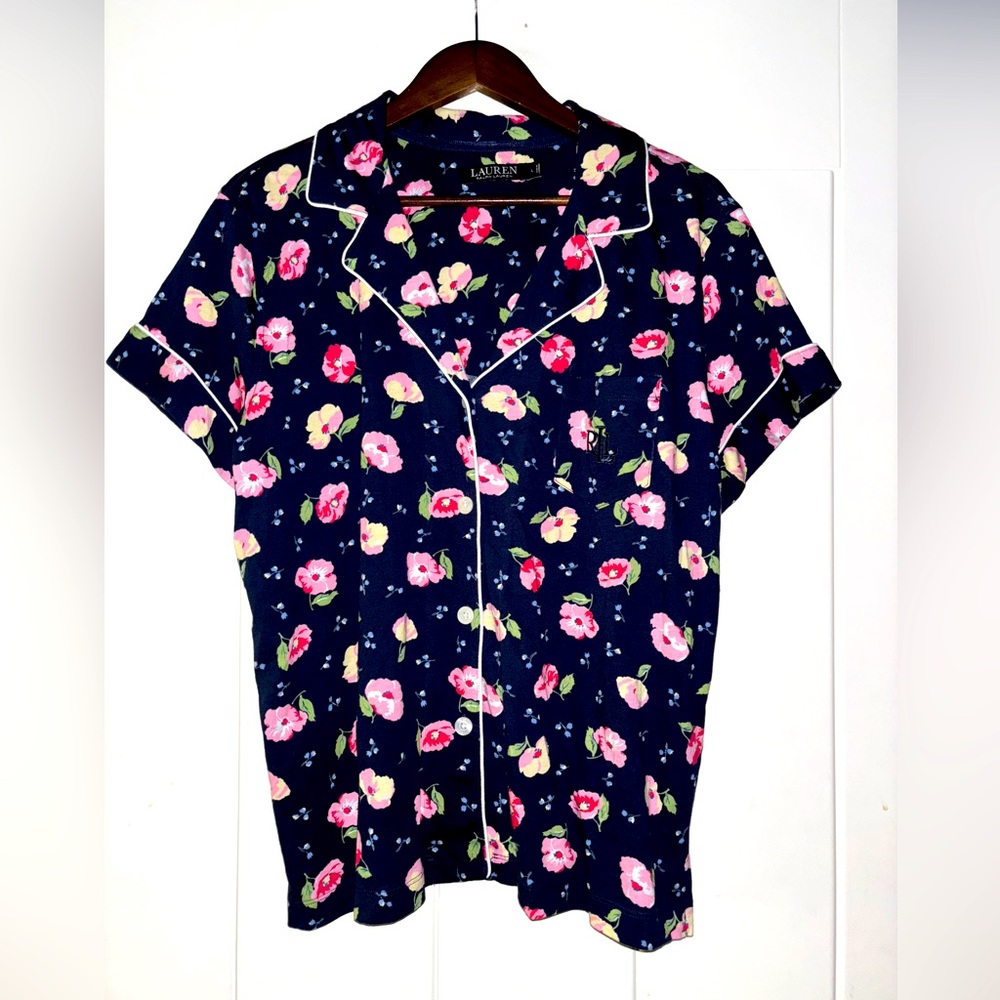 Lauren Ralph Lauren Navy Floral Button Down Short Sleeve‎ Pajama Top Women L